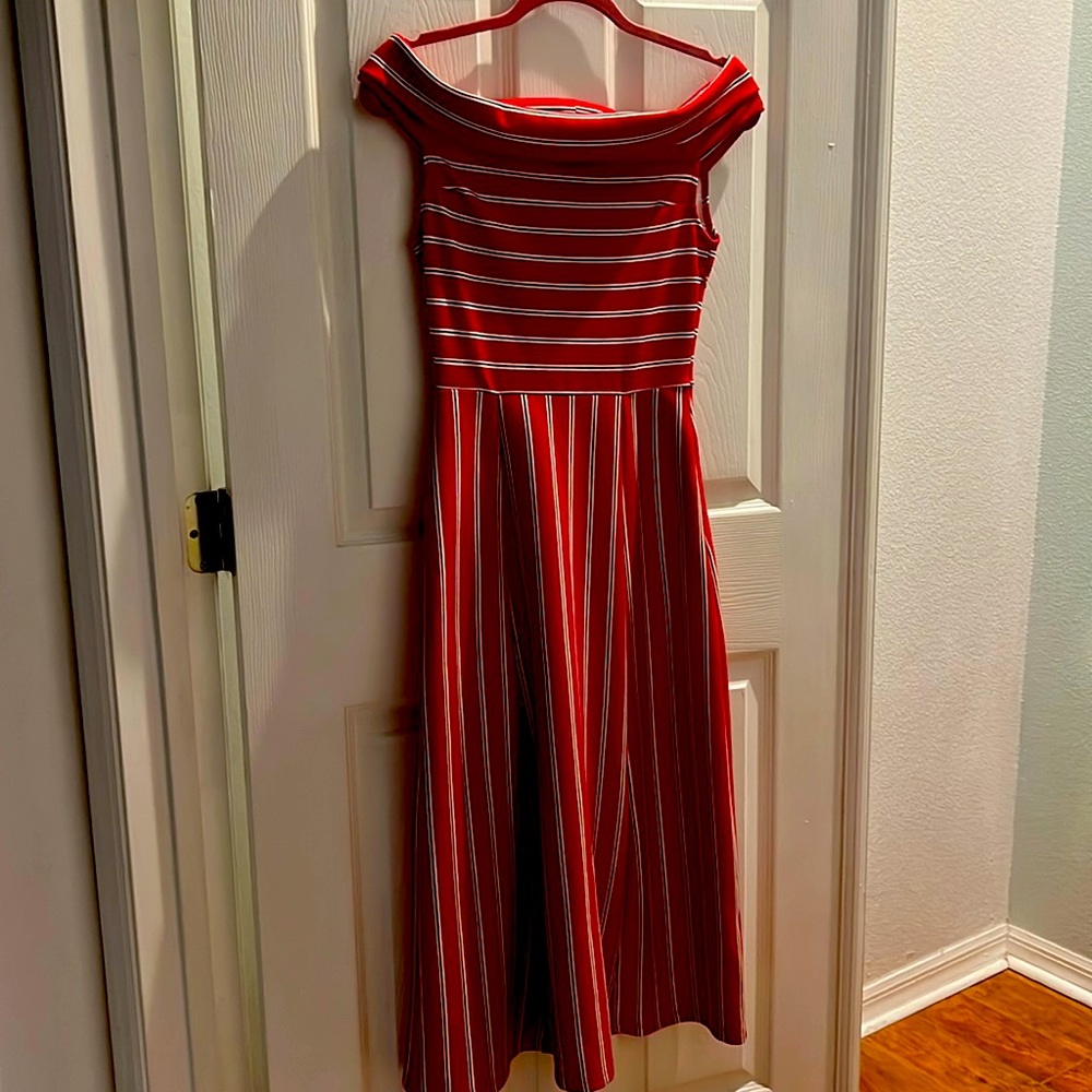Wayf red striped off the shoulder fit and flare midi dress